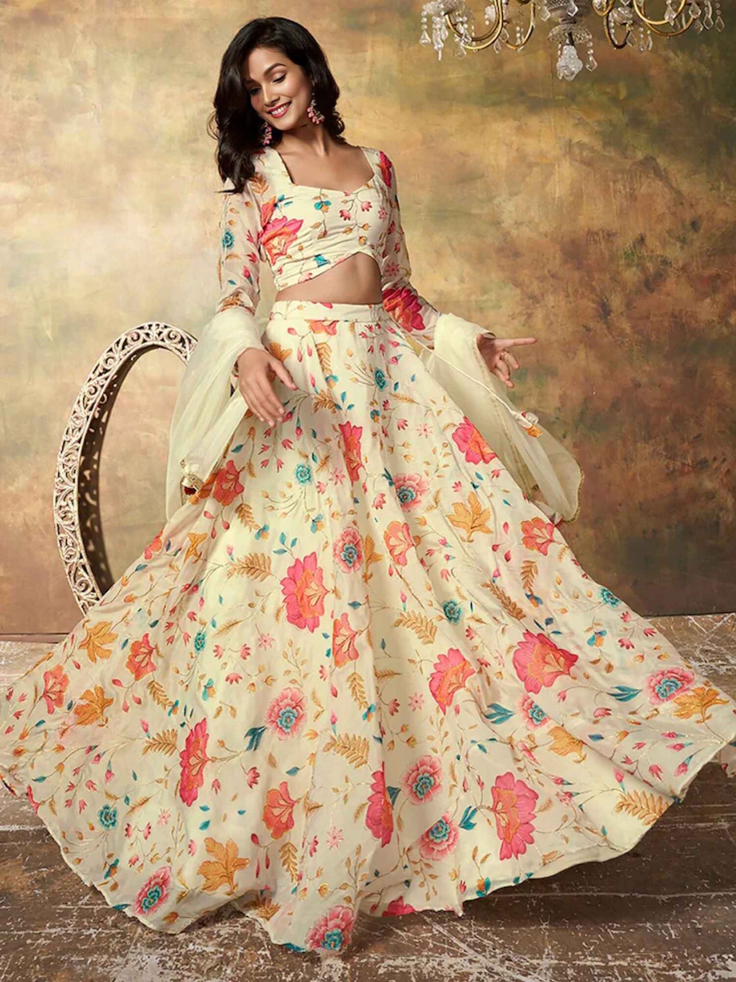 Alluring Soft Cream Floral ZLC - Indian Dress House 786