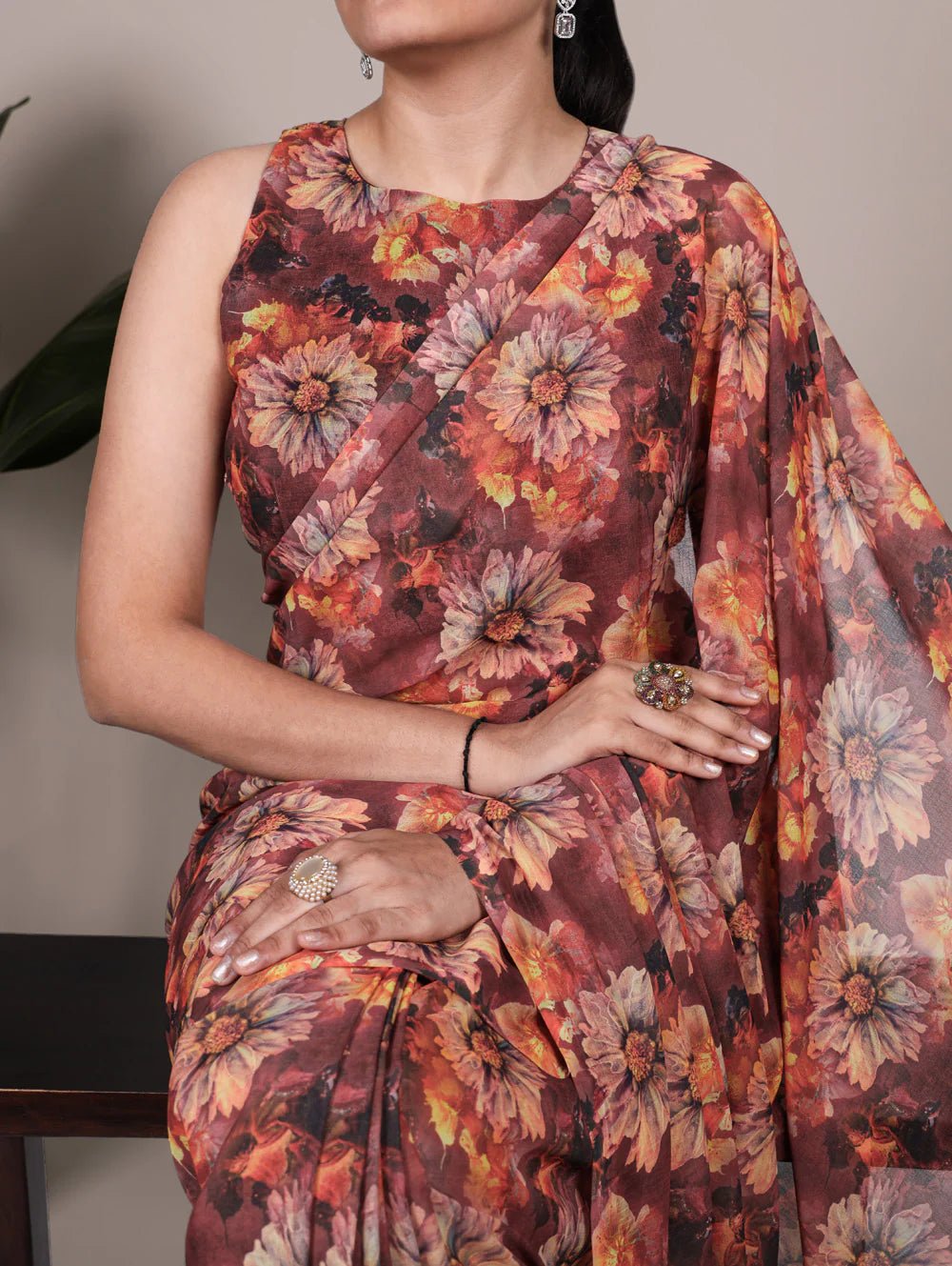 Autmn Orange Floral PRI YNF Saree - Indian Dress House 786