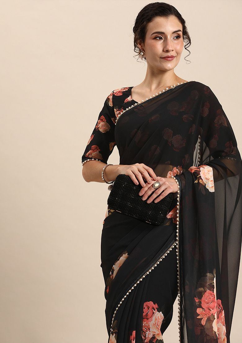 Beautiful Black Floral M Saree - Indian Dress House 786