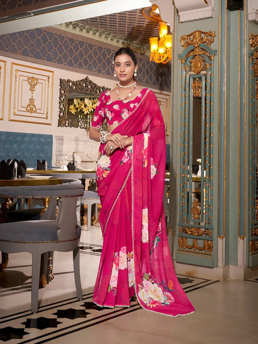Bold Fuchsia Rose YF Saree - Indian Dress House 786