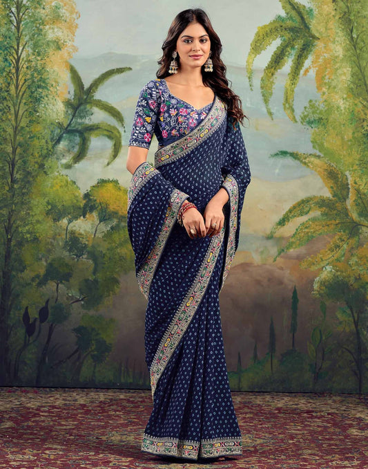 Dynamic Navy Blue Saree Bhandani STR Saree - Indian Dress House 786