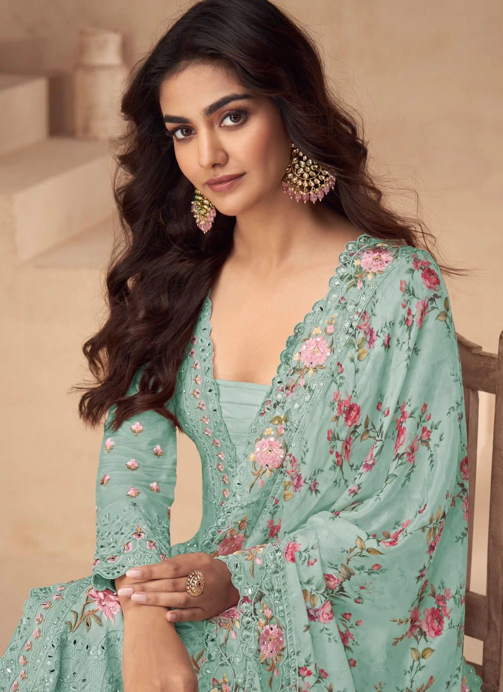Elegant Baby Blue Floral AASP - Indian Dress House 786
