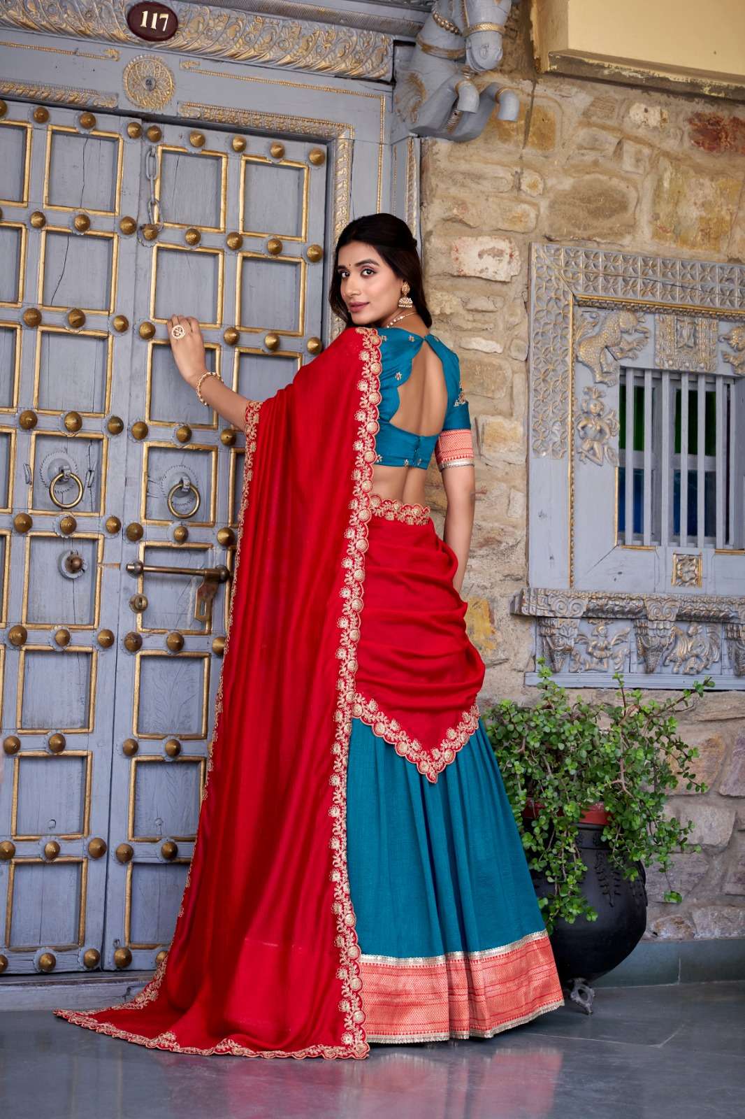 Elegant Blue & Red PVL - Indian Dress House 786