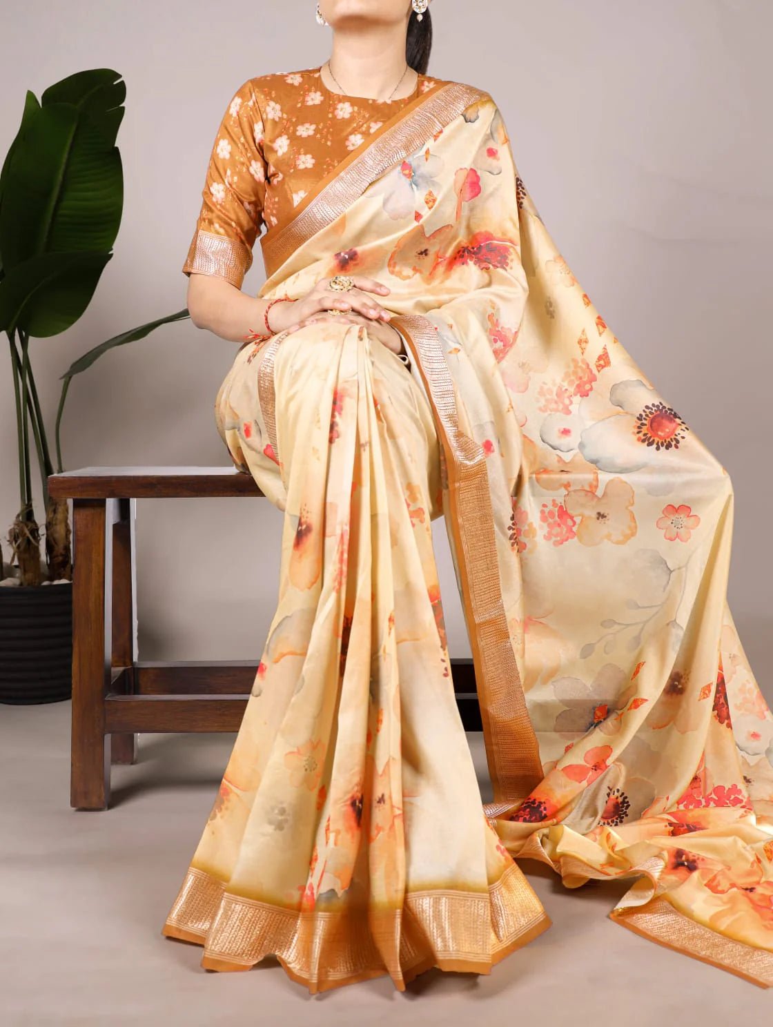 Elegant Cream Floral T YNF Saree - Indian Dress House 786