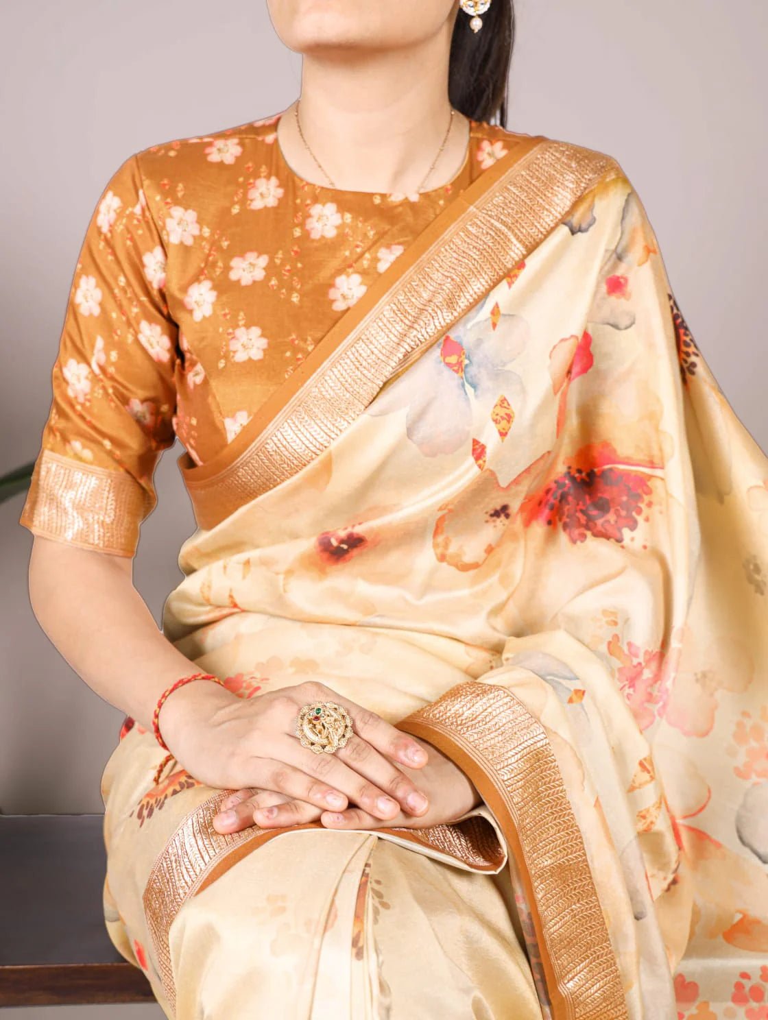 Elegant Cream Floral T YNF Saree - Indian Dress House 786