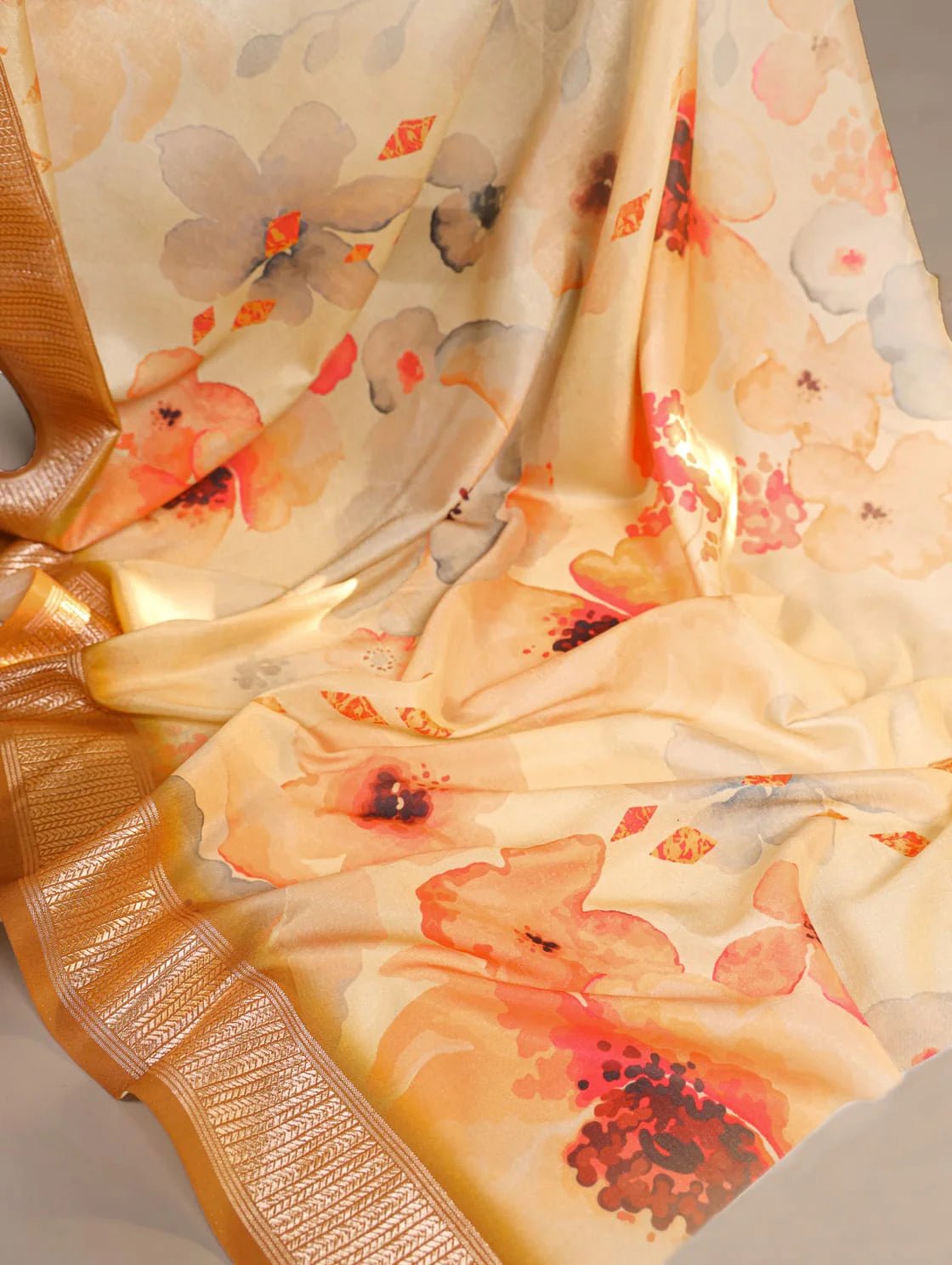 Elegant Cream Floral T YNF Saree - Indian Dress House 786