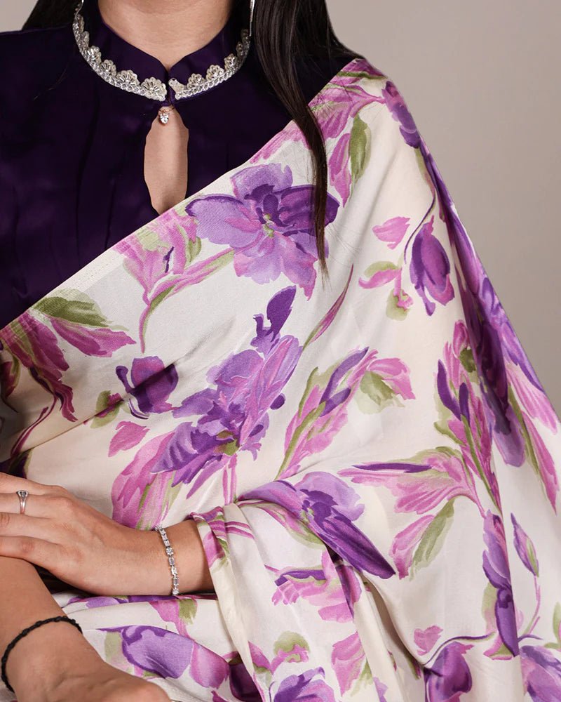 Elegant Floral Purple YNF Saree - Indian Dress House 786