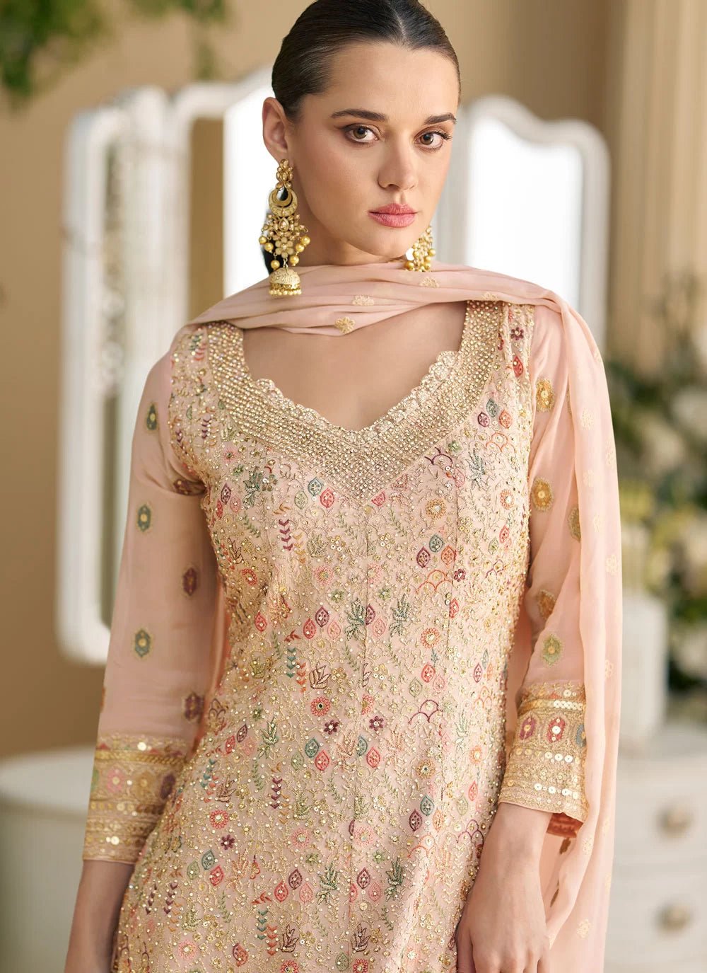 Elegant Peach Floral SMSH - Indian Dress House 786