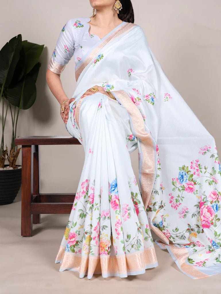 Elegant Sky Blue Floral TYNF Saree - Indian Dress House 786