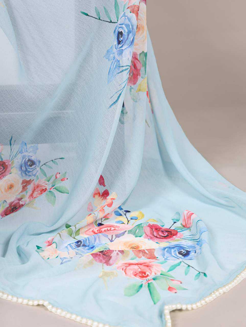Elegant Sky Blue Floral YNF Saree - Indian Dress House 786