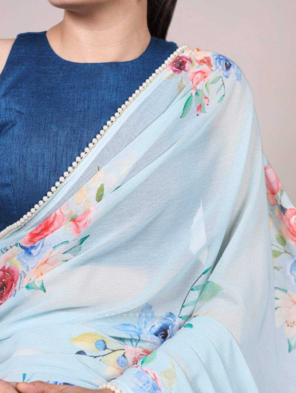 Elegant Sky Blue Floral YNF Saree - Indian Dress House 786