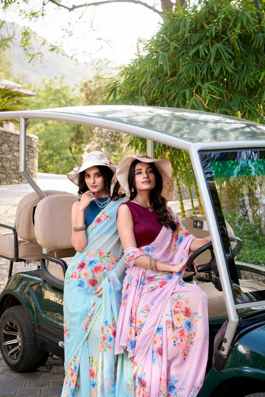 Elegant Sky Blue Floral YNF Saree - Indian Dress House 786