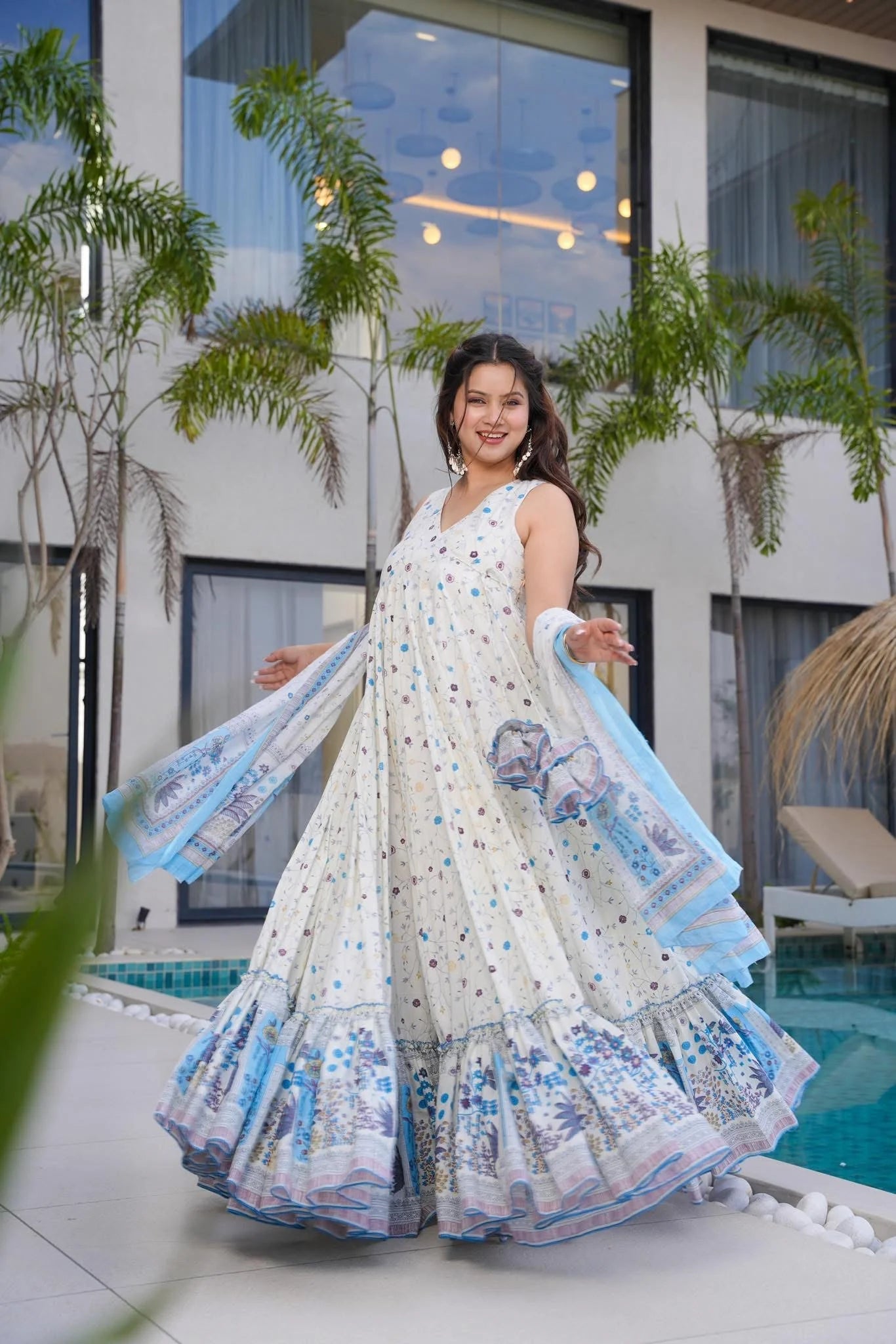 Elegant White & Blue Floral LC 11006 FVD - Indian Dress House 786