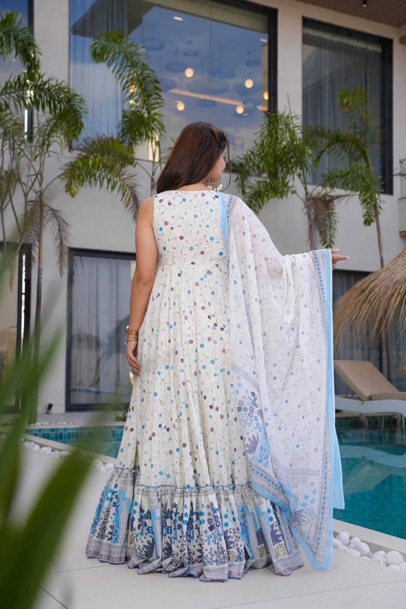 Elegant White & Blue Floral LC 11006 FVD - Indian Dress House 786