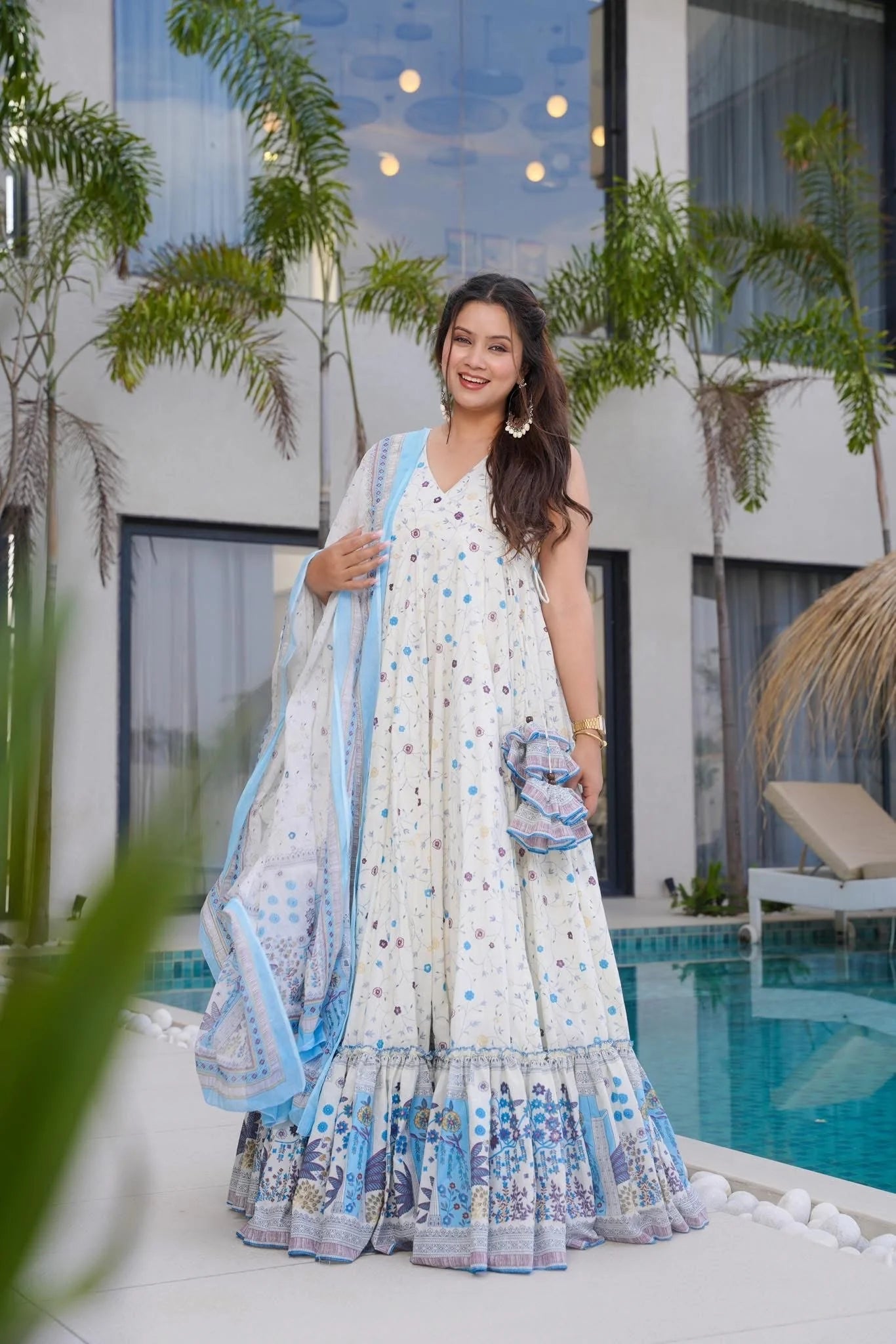 Elegant White & Blue Floral LC 11006 FVD - Indian Dress House 786