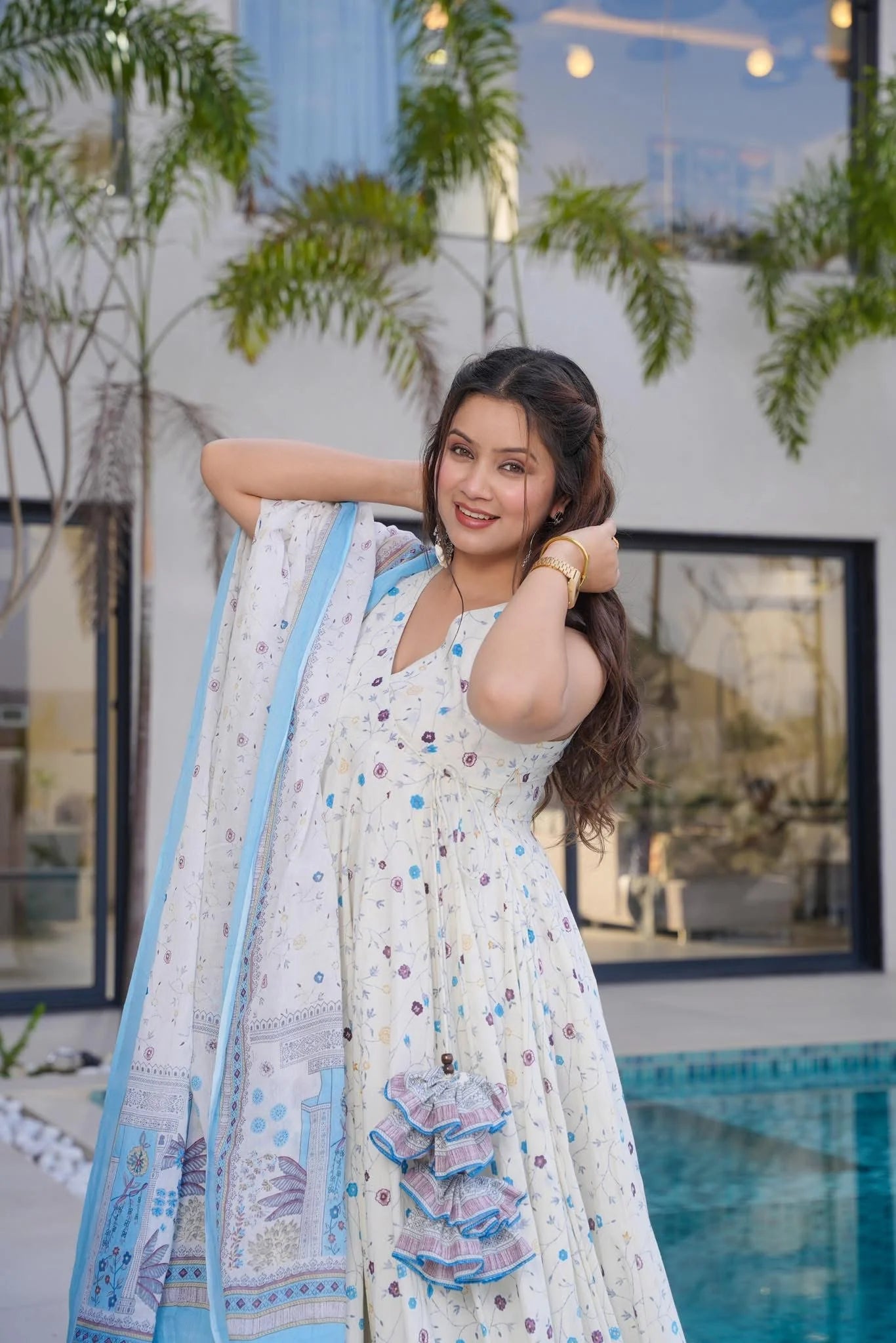 Elegant White & Blue Floral LC 11006 FVD - Indian Dress House 786