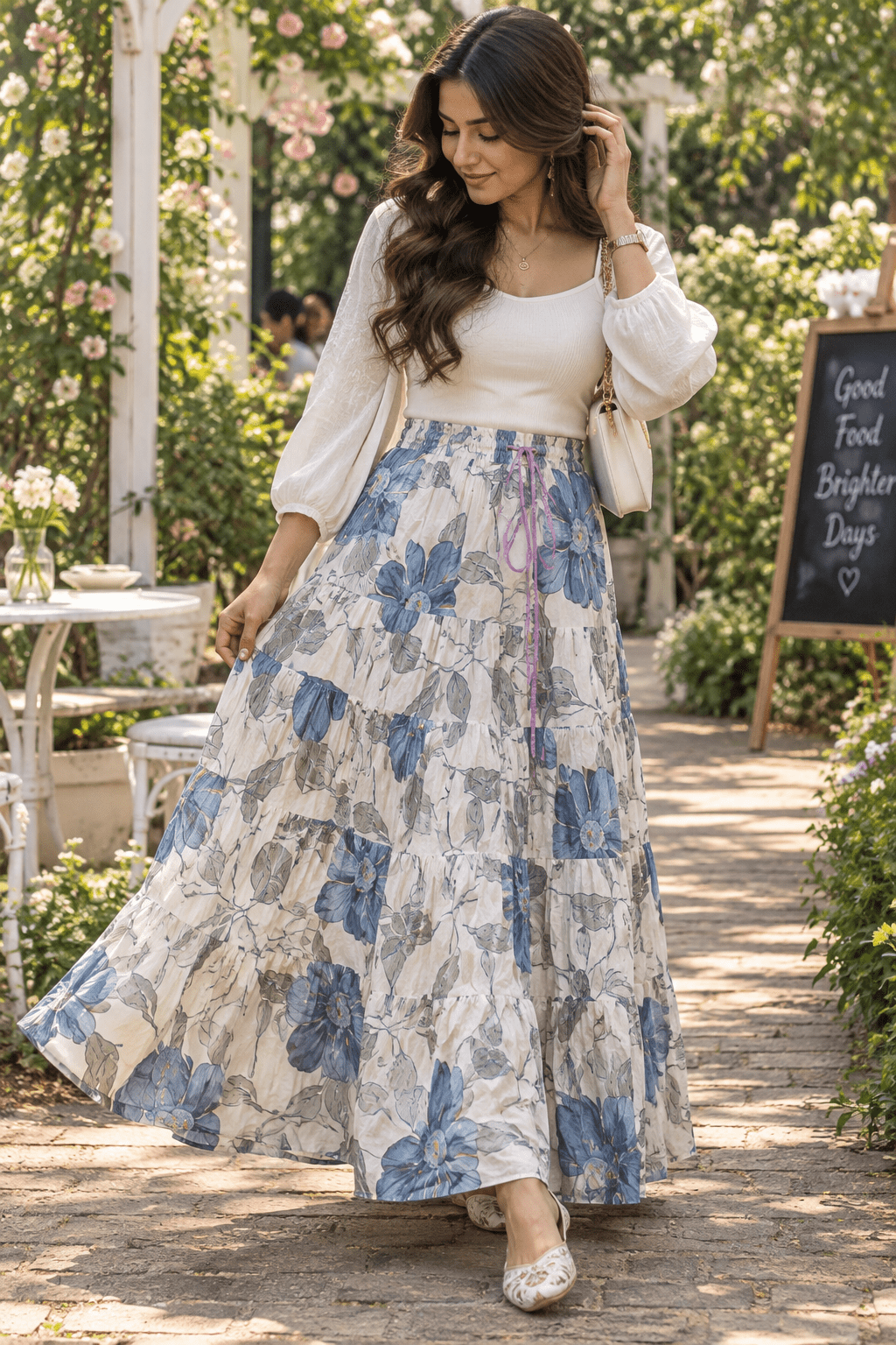 Elegant White & Blue Floral Skirt - Indian Dress House 786