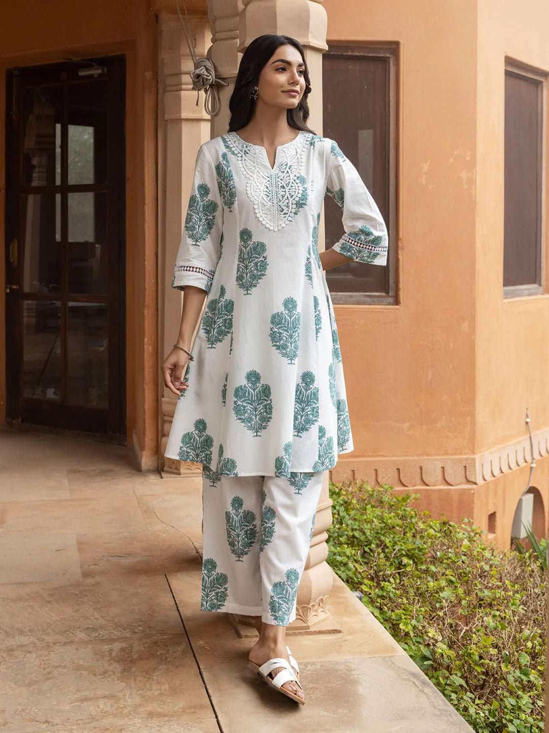 Elegant White& Green Print FO 01 FVD - Indian Dress House 786