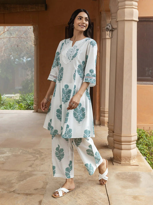 Elegant White& Green Print FO 01 FVD - Indian Dress House 786