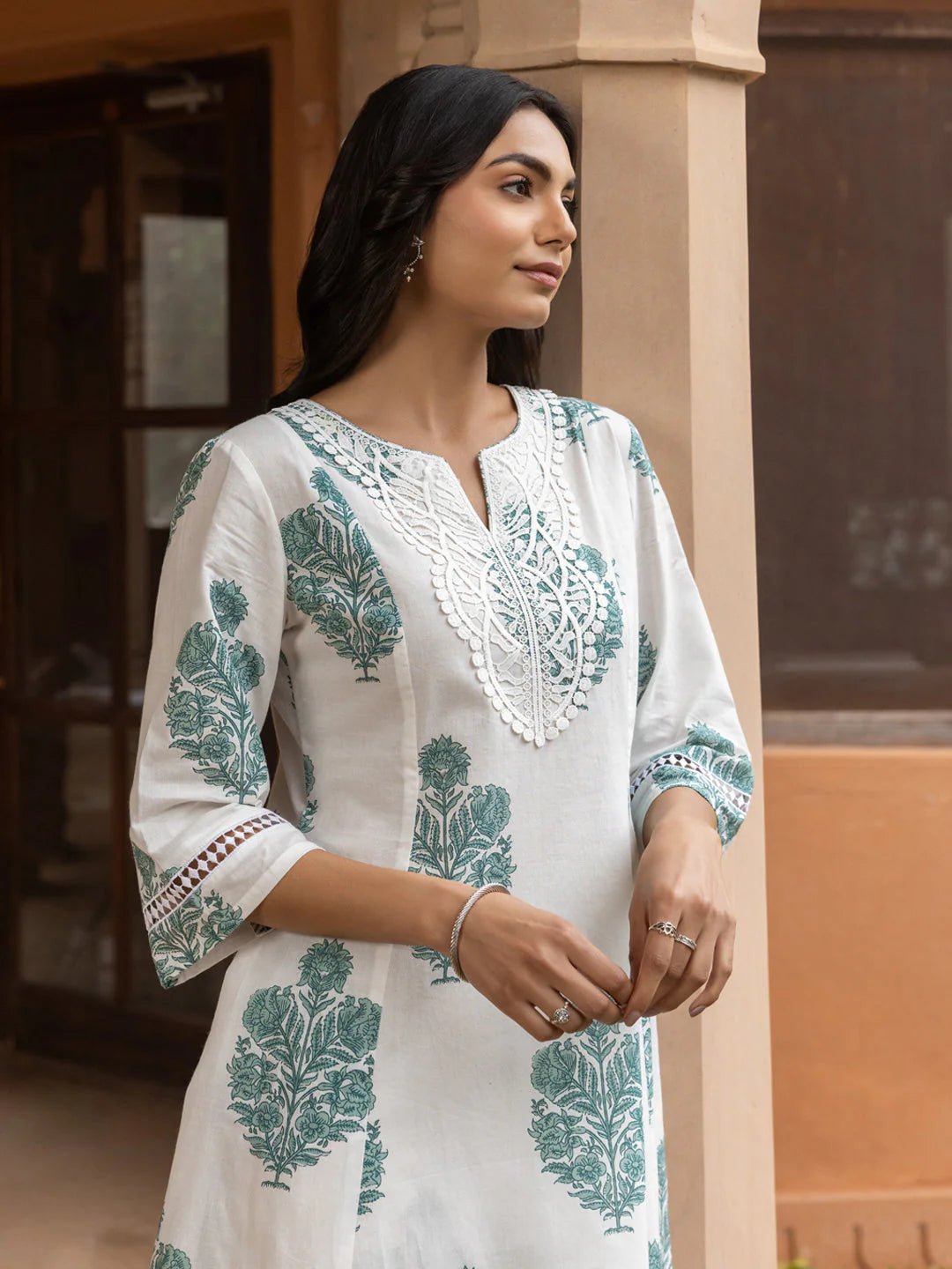 Elegant White& Green Print FO 01 FVD - Indian Dress House 786