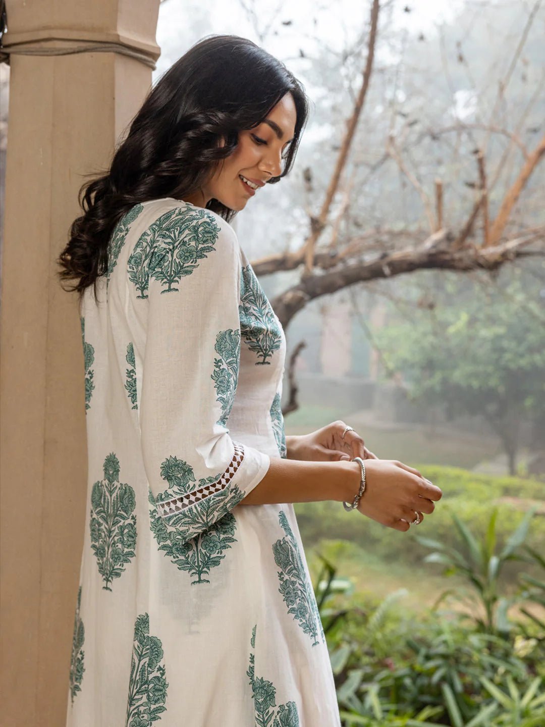 Elegant White& Green Print FO 01 FVD - Indian Dress House 786