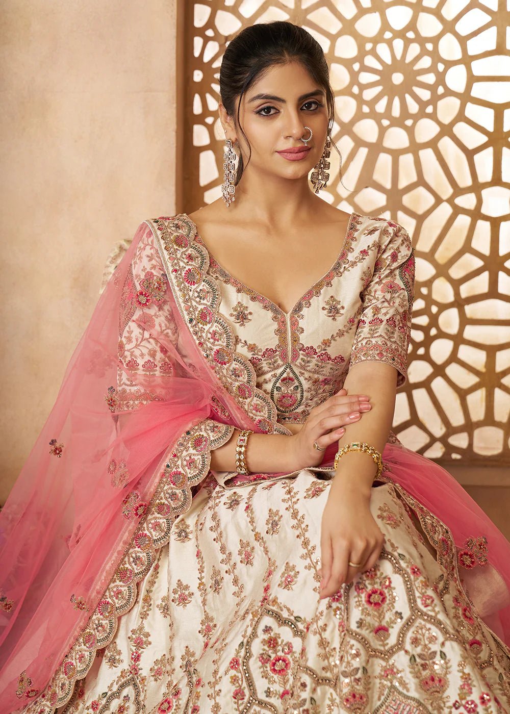 Exclusive Cream & Pink Floral KFBL - Indian Dress House 786