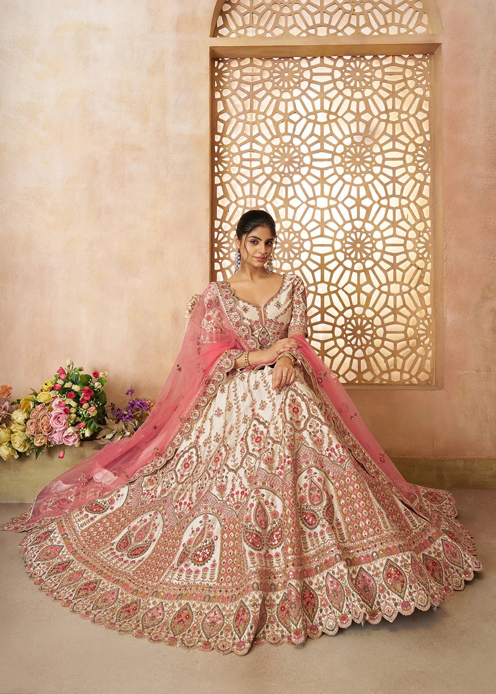 Exclusive Cream & Pink Floral KFBL - Indian Dress House 786