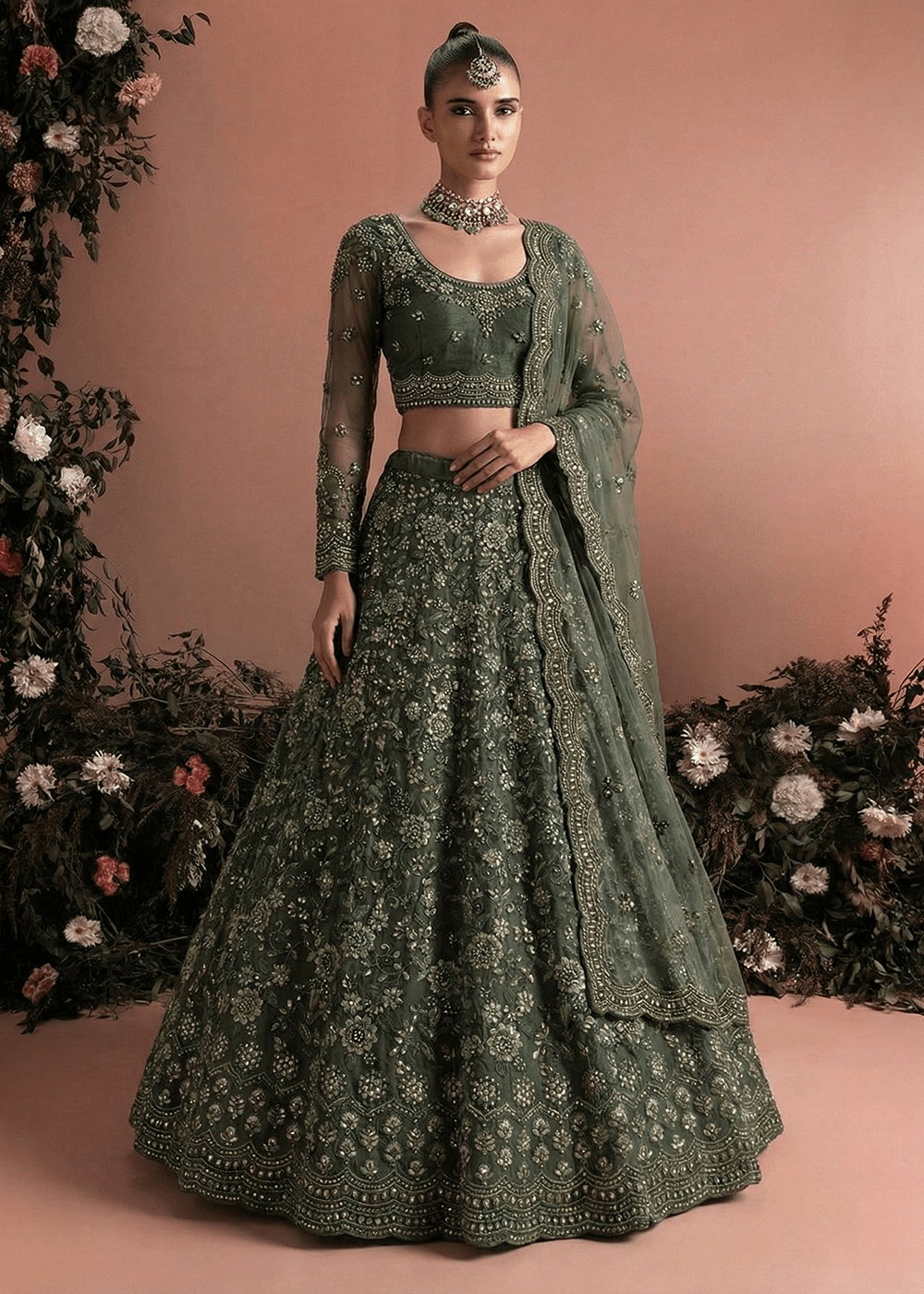 Exquisite Green Floral AZBL - Indian Dress House 786