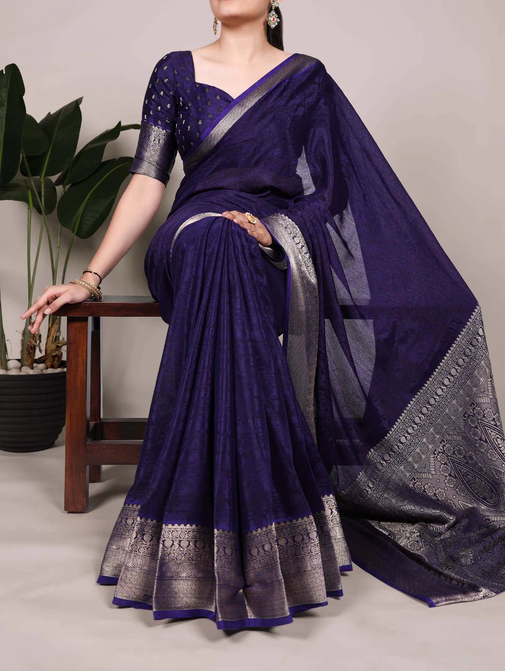 Exquisite Navy Blue YF Saree - Indian Dress House 786