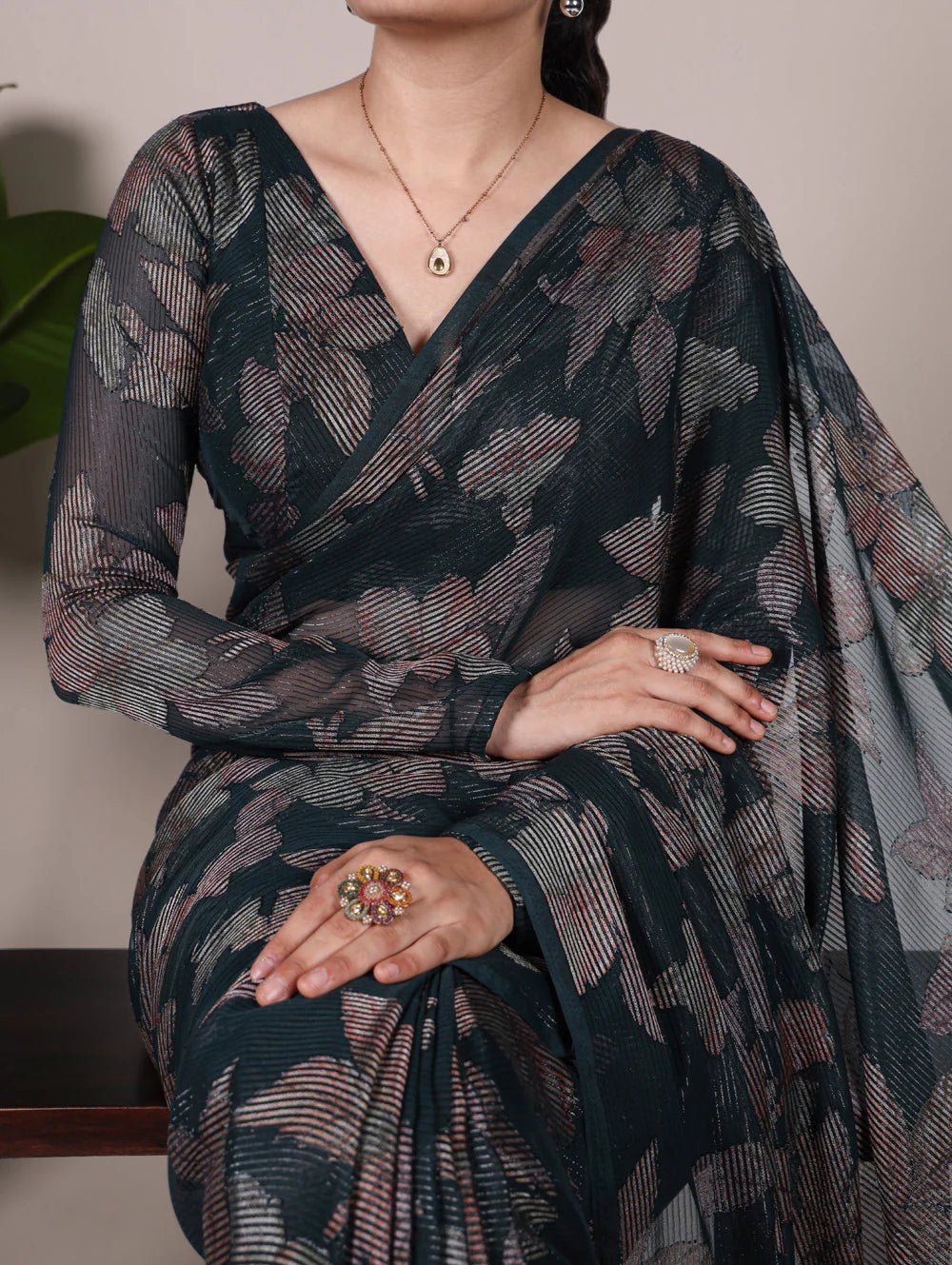 Floral Bottle Green YS Saree - Indian Dress House 786