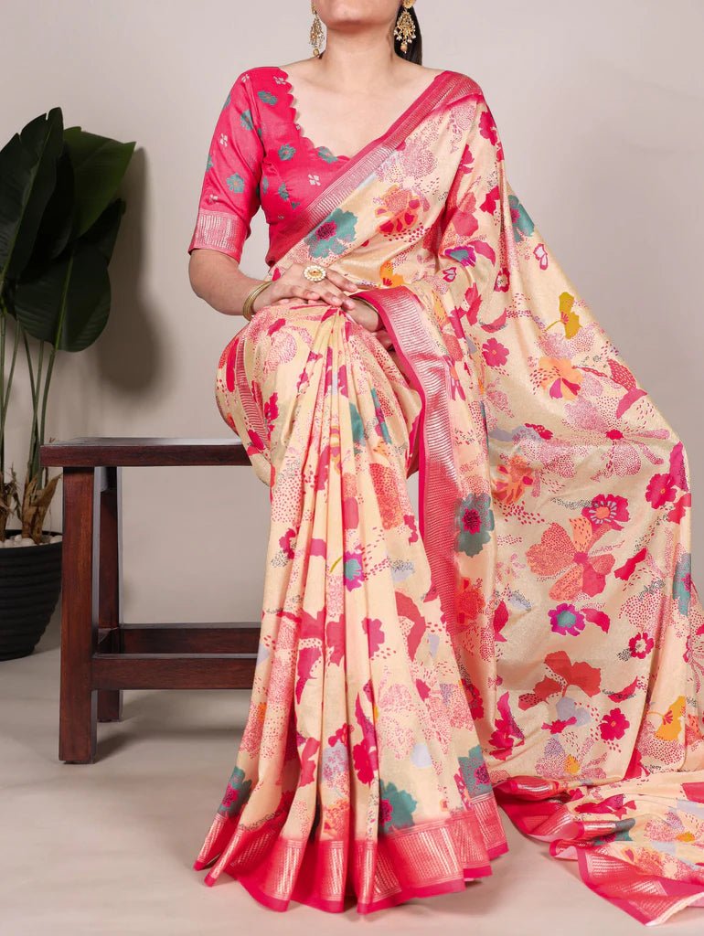 Floral Cream & PR TYNF Saree - Indian Dress House 786