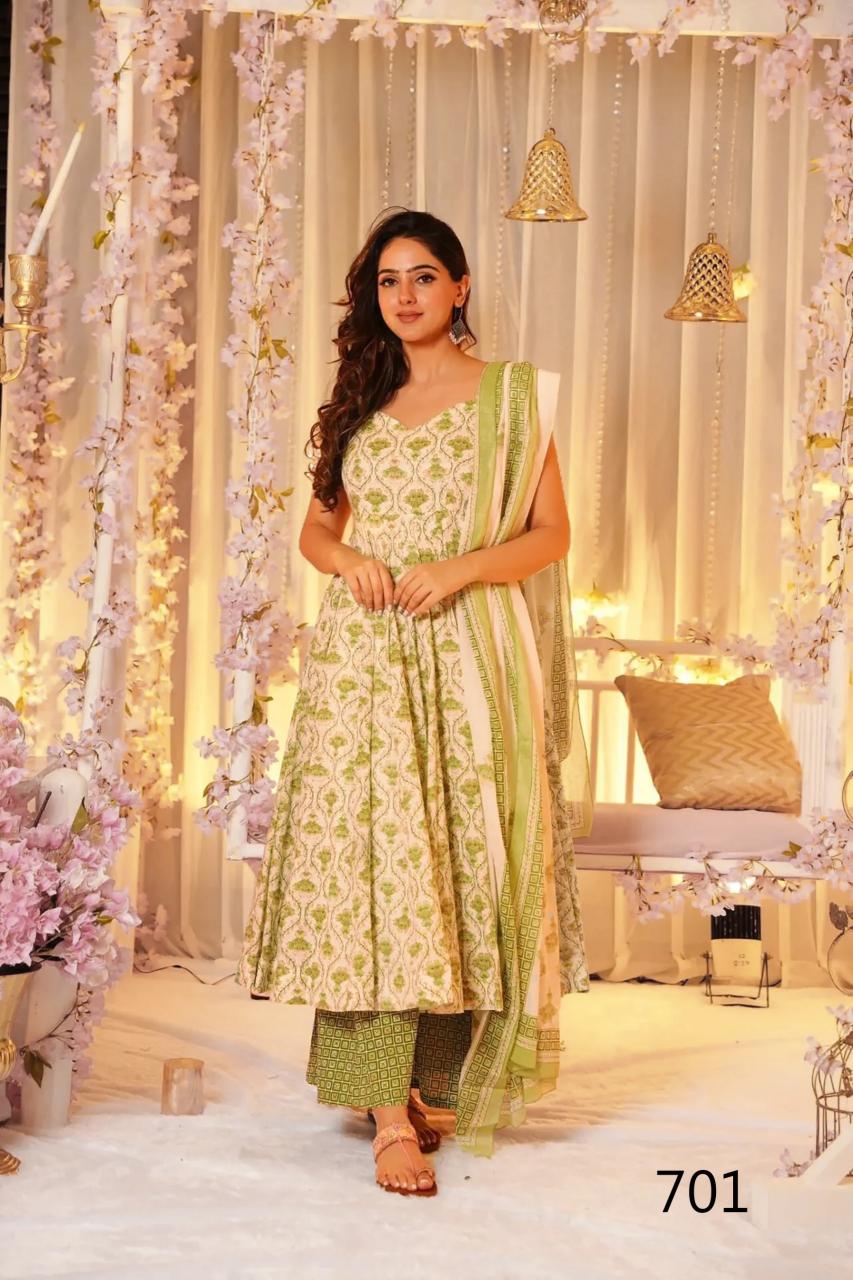 Floral Green & Cream LC 701 FVD - Indian Dress House 786