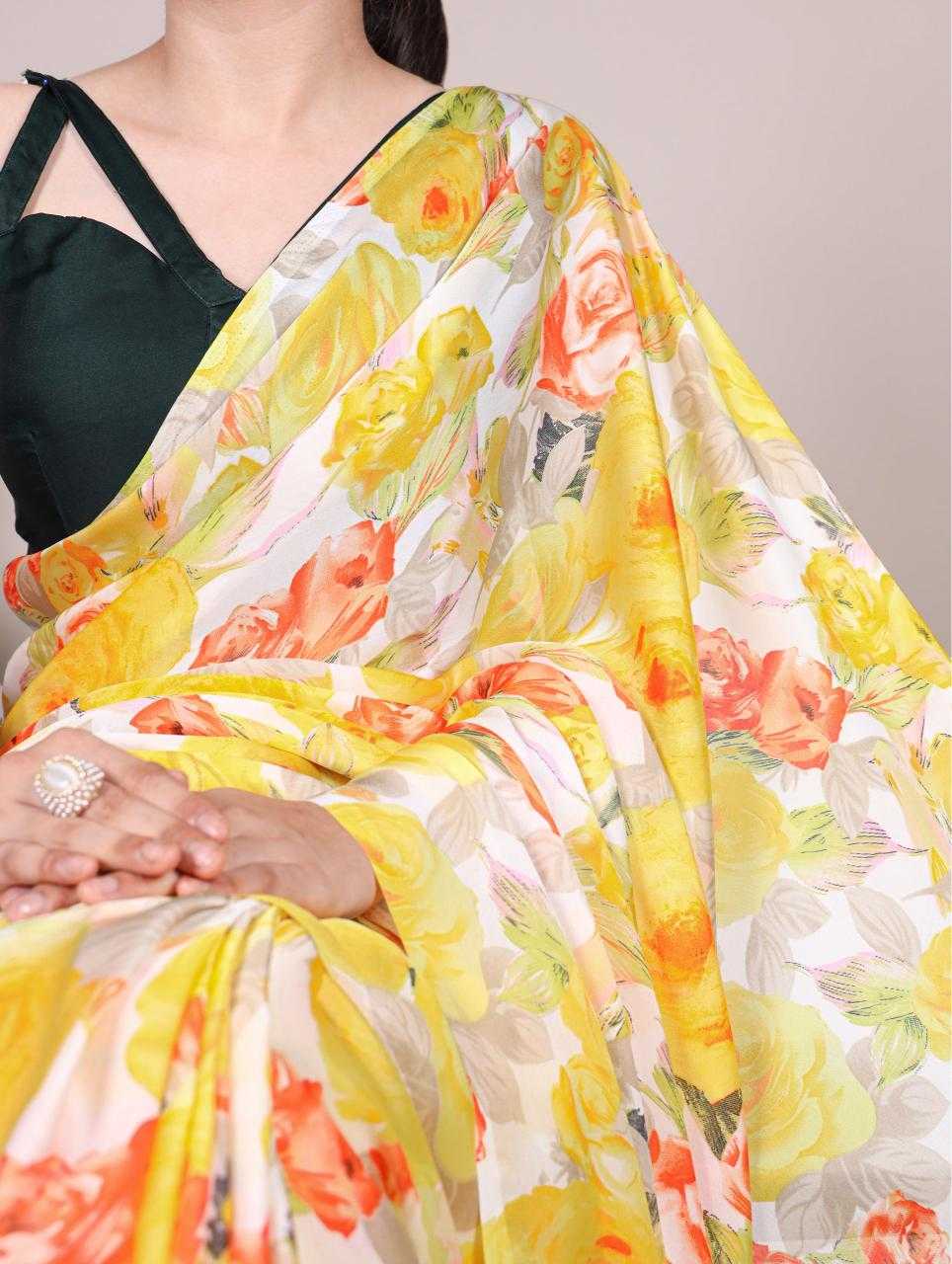 Floral Lemon Yellow YNF Saree - Indian Dress House 786