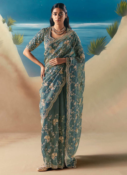 Floral Night Blue KCH Saree - Indian Dress House 786