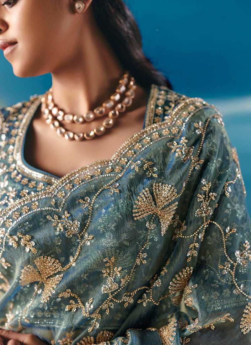 Floral Night Blue KCH Saree - Indian Dress House 786