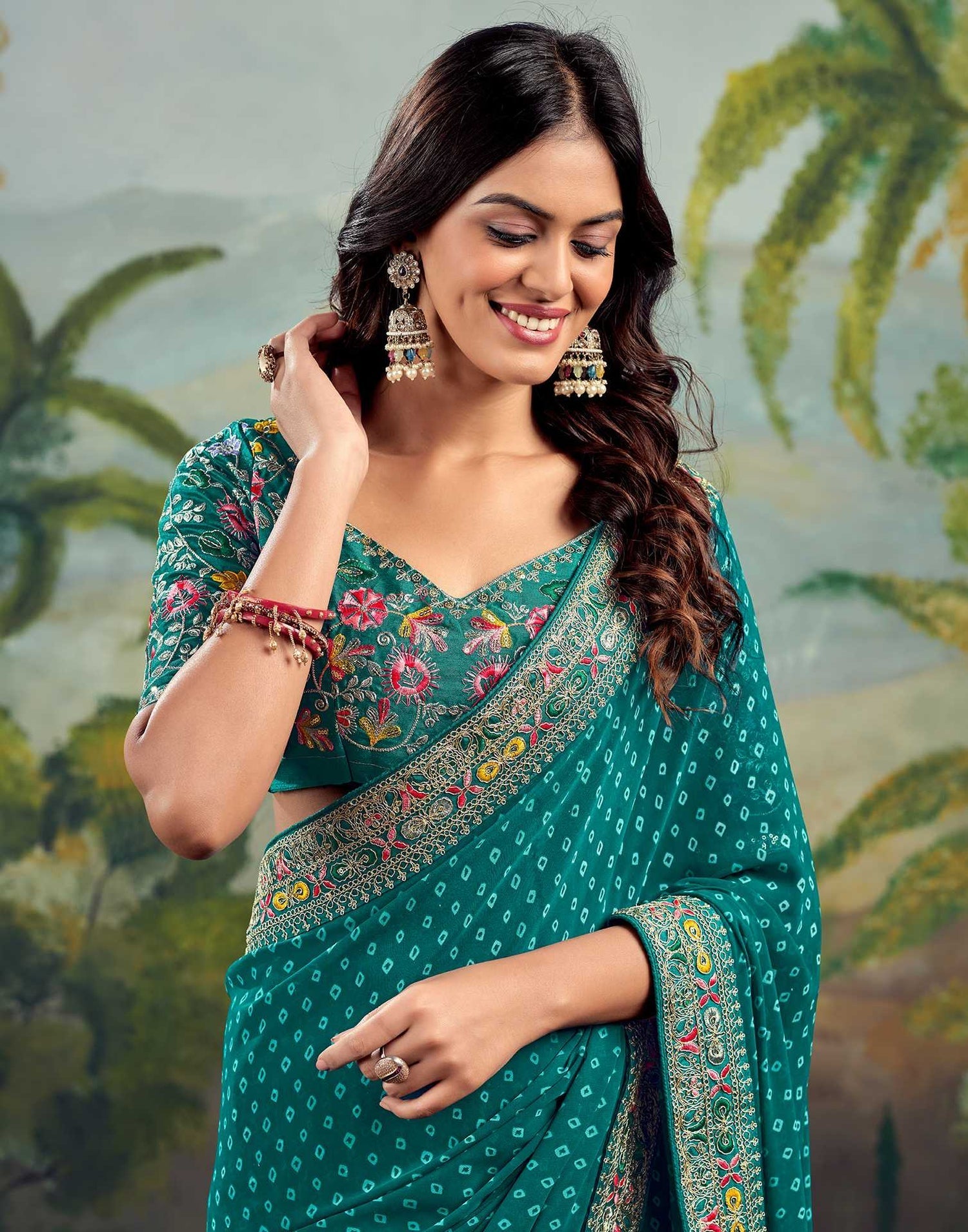 Glamorous Teal Bhandani STR Saree - Indian Dress House 786