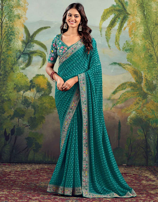 Glamorous Teal Bhandani STR Saree - Indian Dress House 786
