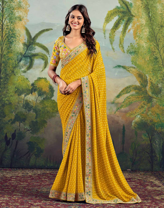 Golden Glow Yellow Saree Bhandani STR Saree - Indian Dress House 786