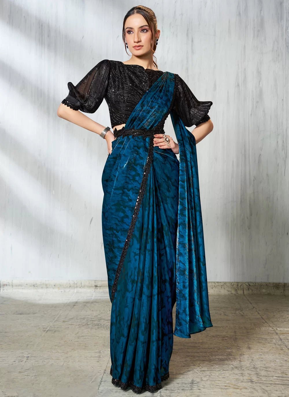 Gorgeous Blue & Black MNS Saree - Indian Dress House 786