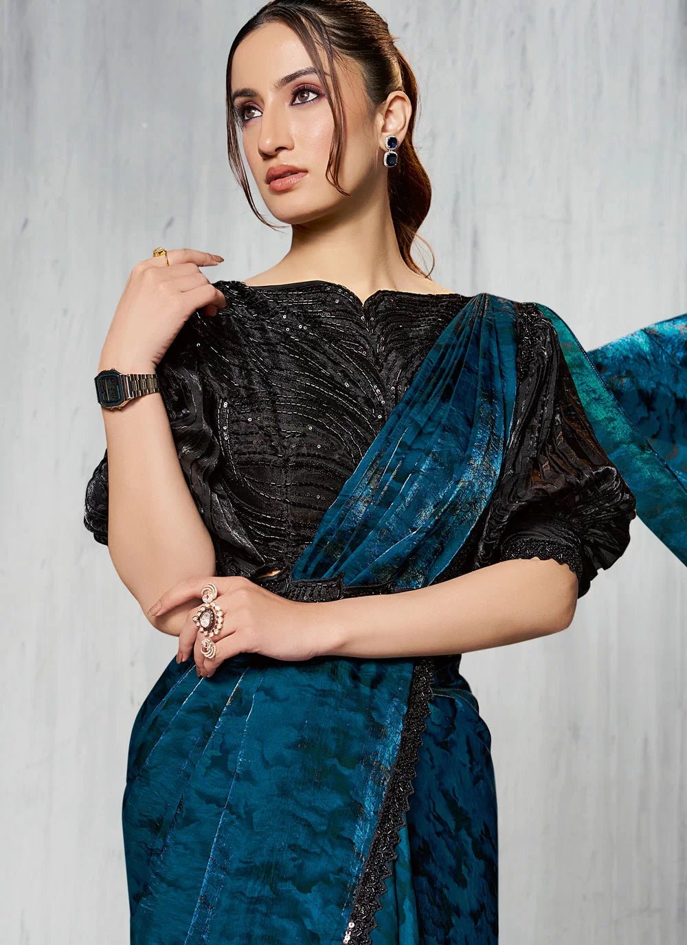Gorgeous Blue & Black MNS Saree - Indian Dress House 786