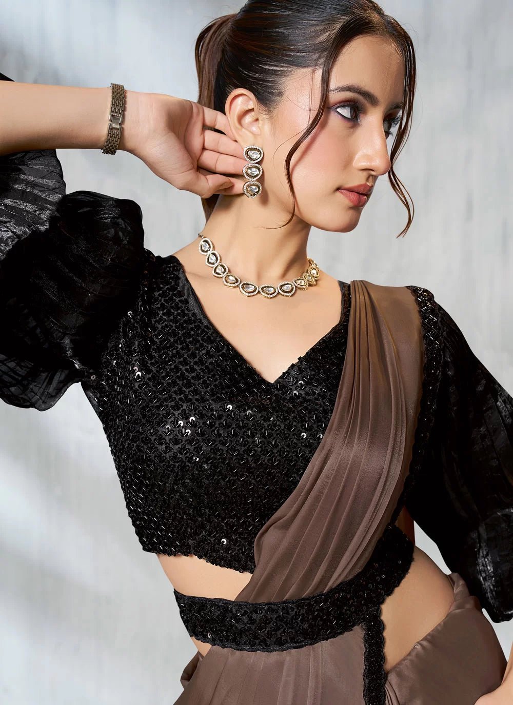 Gorgeous Coffee & Black MNS Saree - Indian Dress House 786