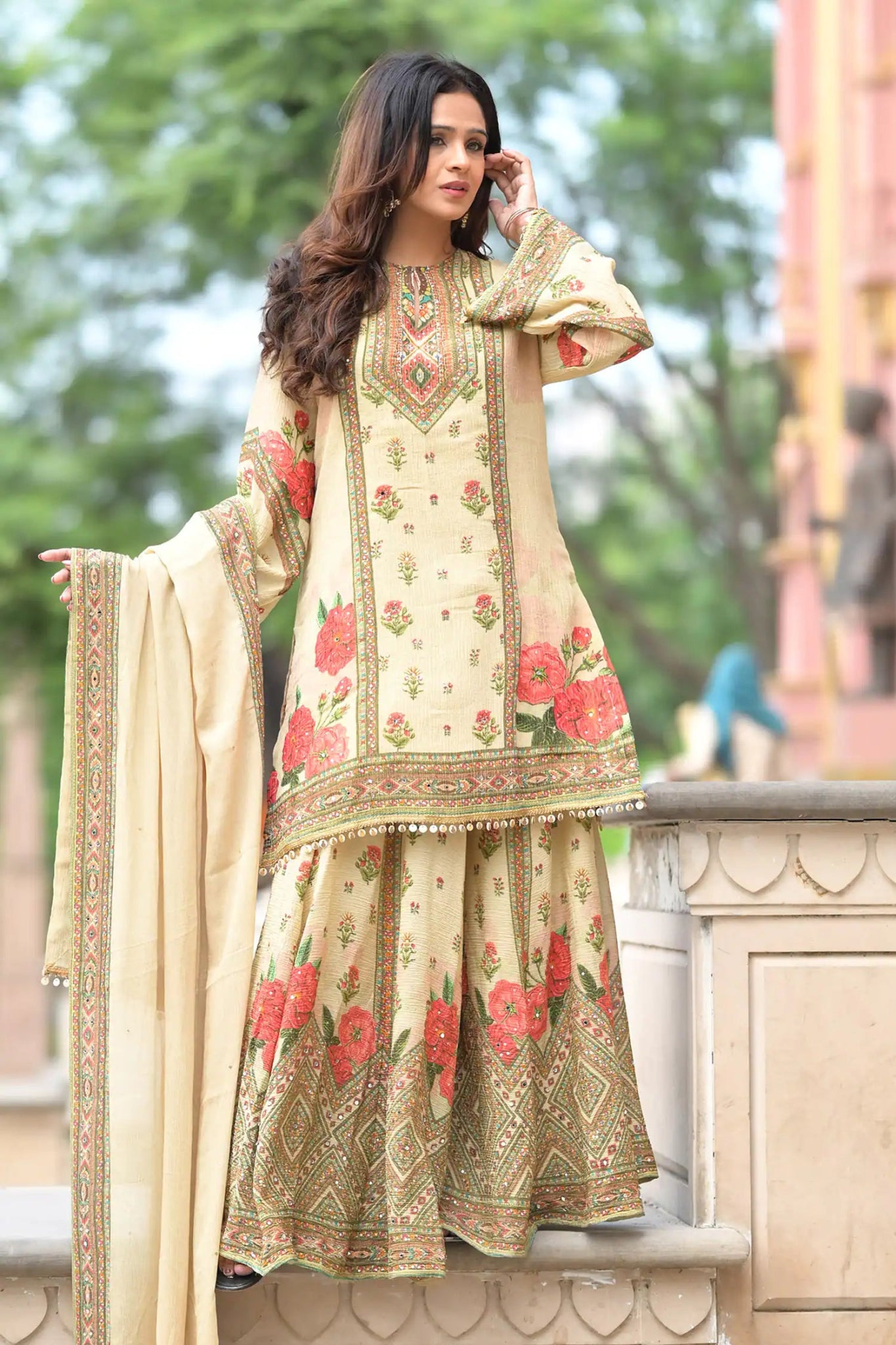 Gorgeous Cream Floral HK SHP - Indian Dress House 786