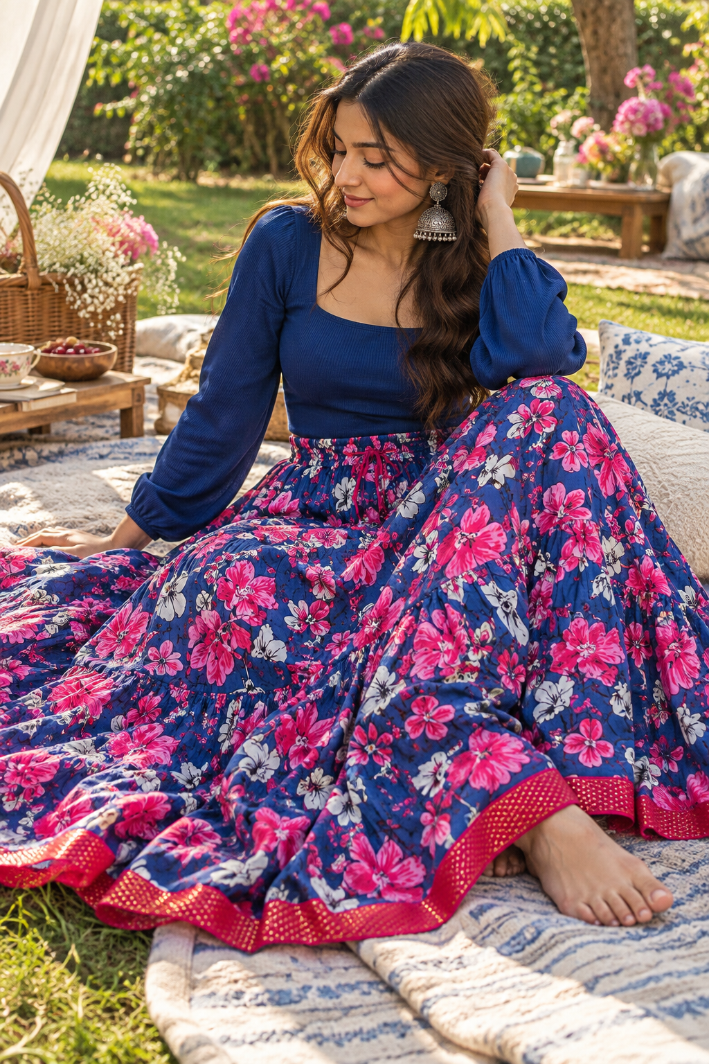 Gorgeous Floral Blue & Pink Skirts - Indian Dress House 786
