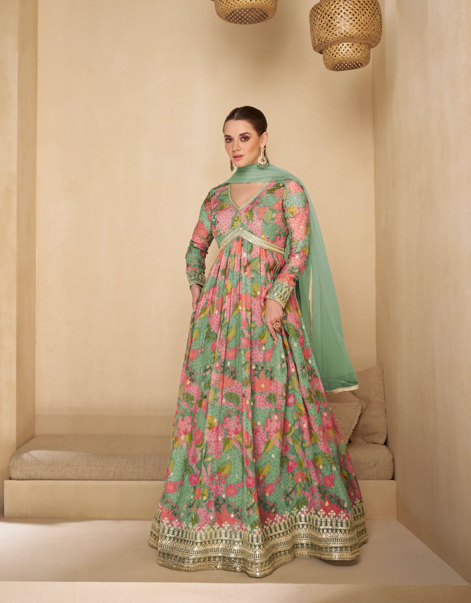 Gorgeous Floral Green SYN FSS - Indian Dress House 786