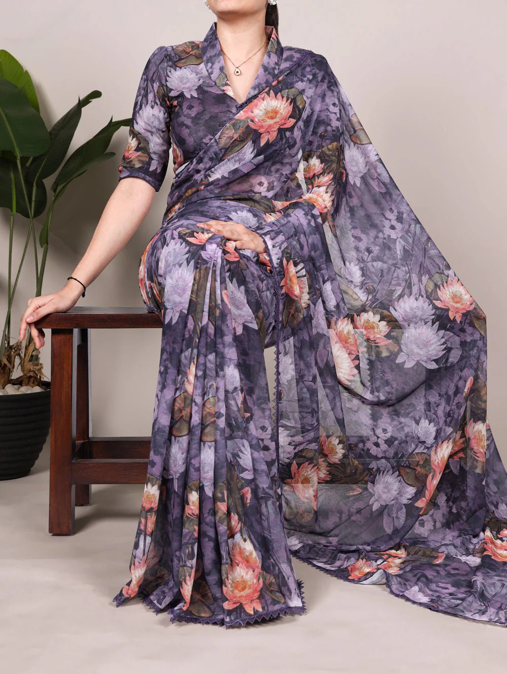 Gorgeous Grey Purple YF Saree - Indian Dress House 786