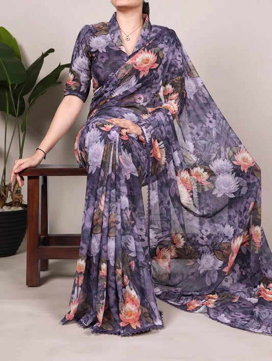 Gorgeous Grey Purple YF Saree - Indian Dress House 786