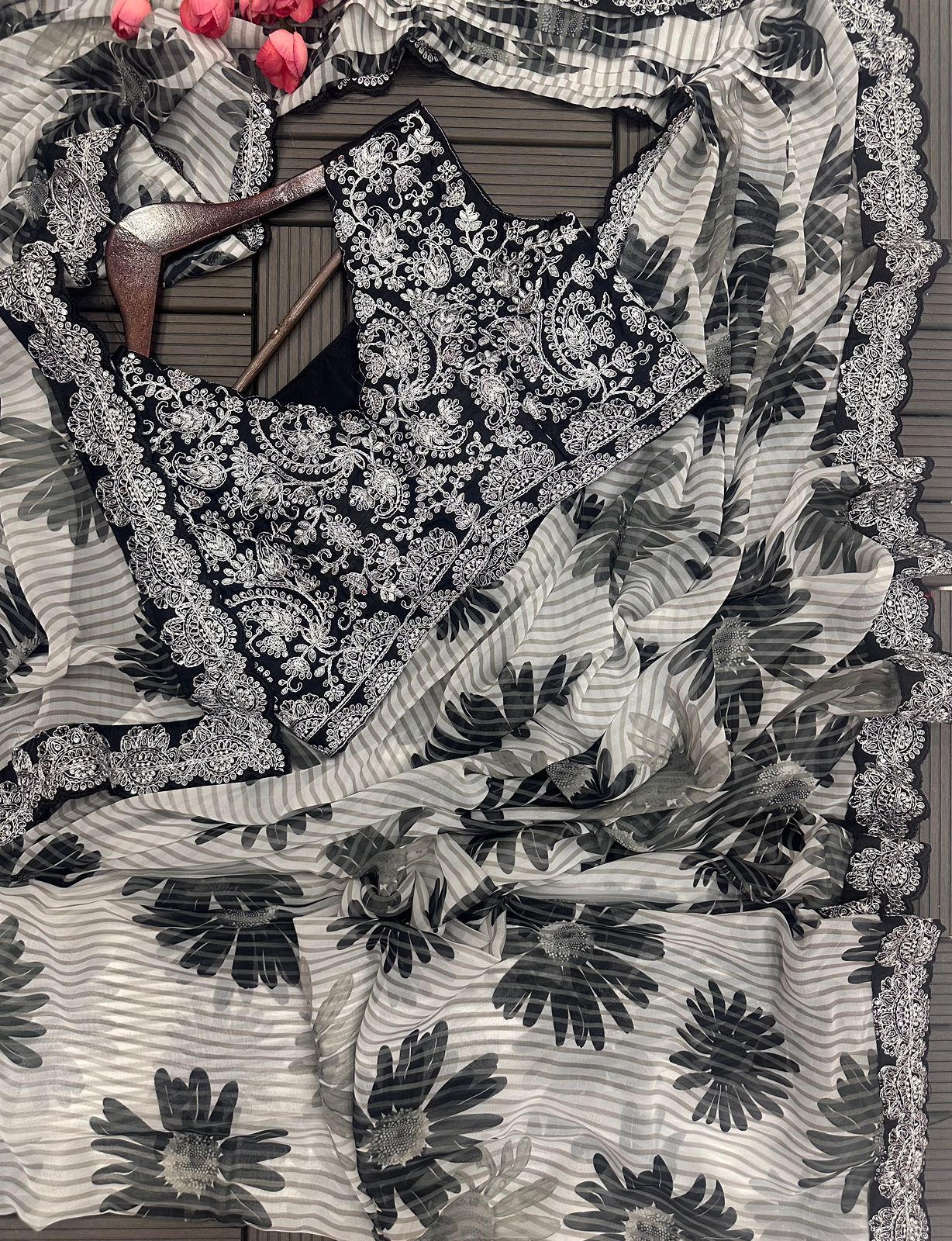 Gorgeous Off White & Black Floral SAREE - Indian Dress House 786