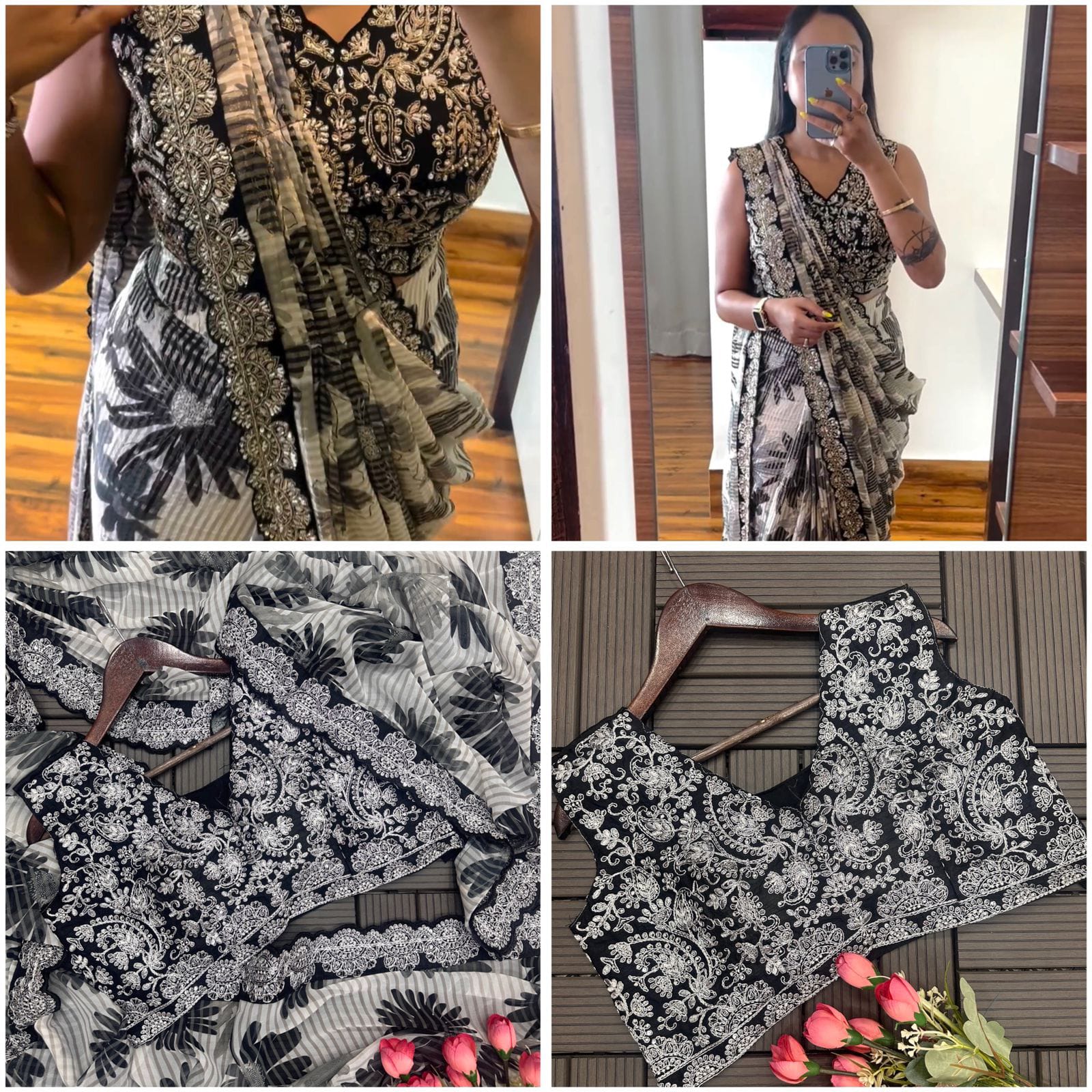 Gorgeous Off White & Black Floral SAREE - Indian Dress House 786