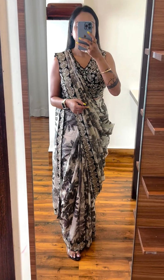 Gorgeous Off White & Black Floral SAREE - Indian Dress House 786