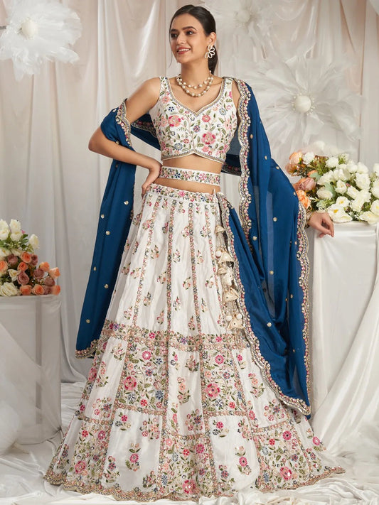 Gorgeous Off White & Blue Floral ACL - Indian Dress House 786